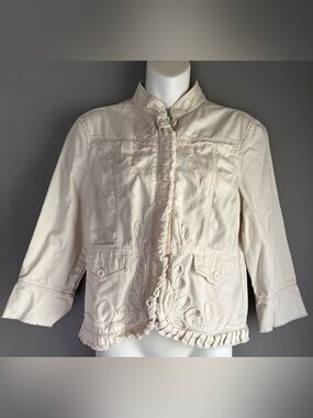 DKNY JEANS Cream Embroidered Ruffle-Trim Jean Blazer